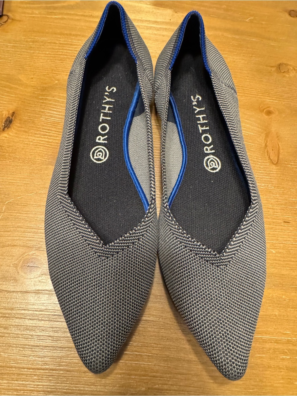 Rothy's Pointed Knit Flats in Gray with Blue Trim